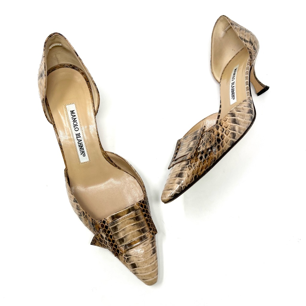 Manolo Blahnik Tan Snakeskin Pointed Toe Kitten Heels